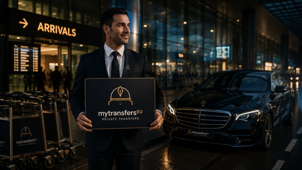 MytransfersEU chauffeur holding a welcome sign at airport arrivals