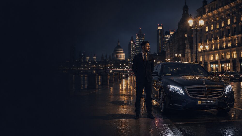 Chauffeur and Mercedes on a city street at night